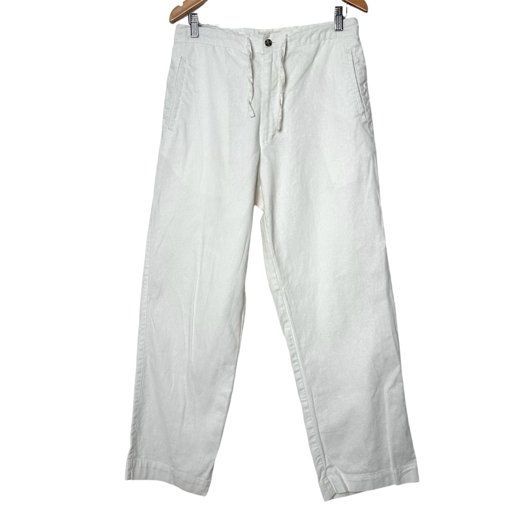 Boho Coastal White Drawstring Waist Straight Leg Beachy Linen High Rise Pants